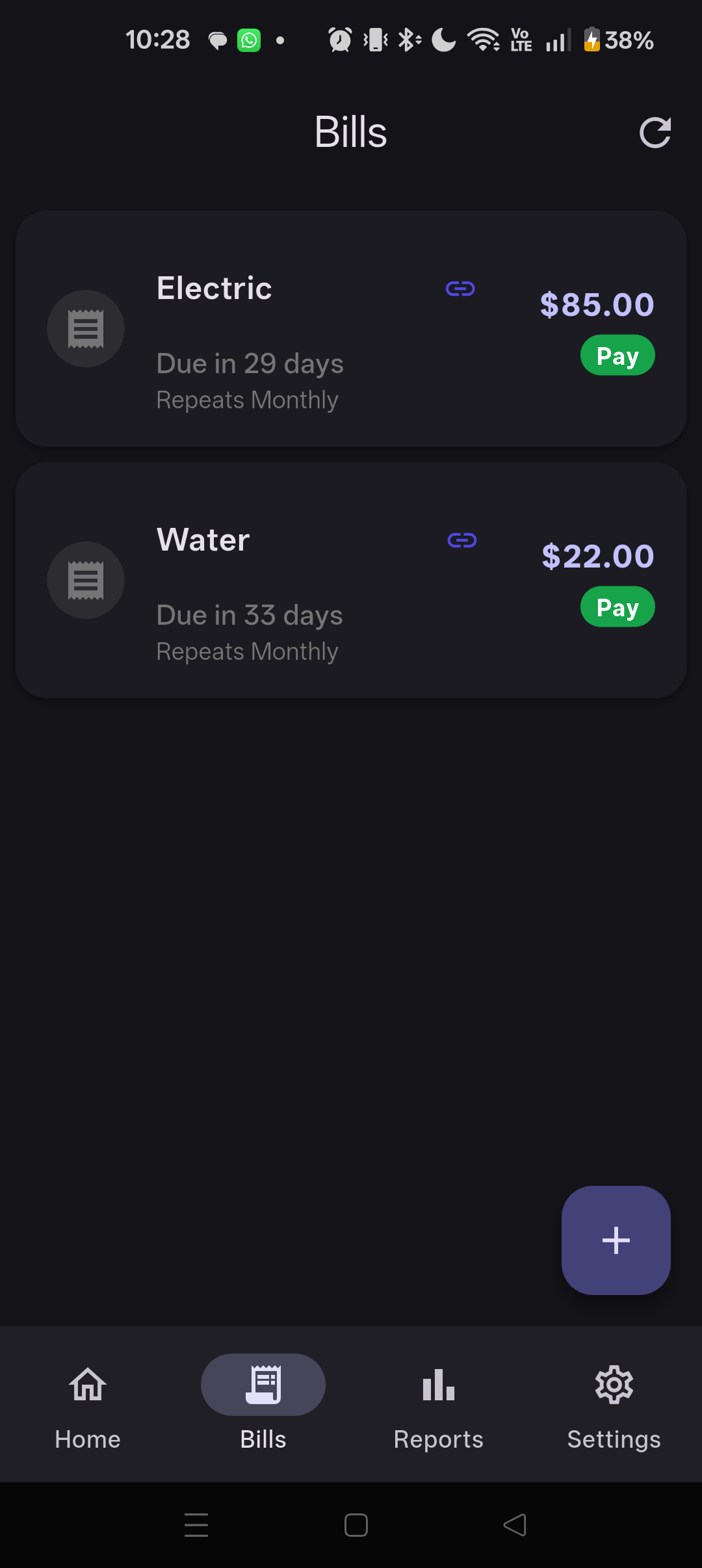 Expenses Tracker Bills screen